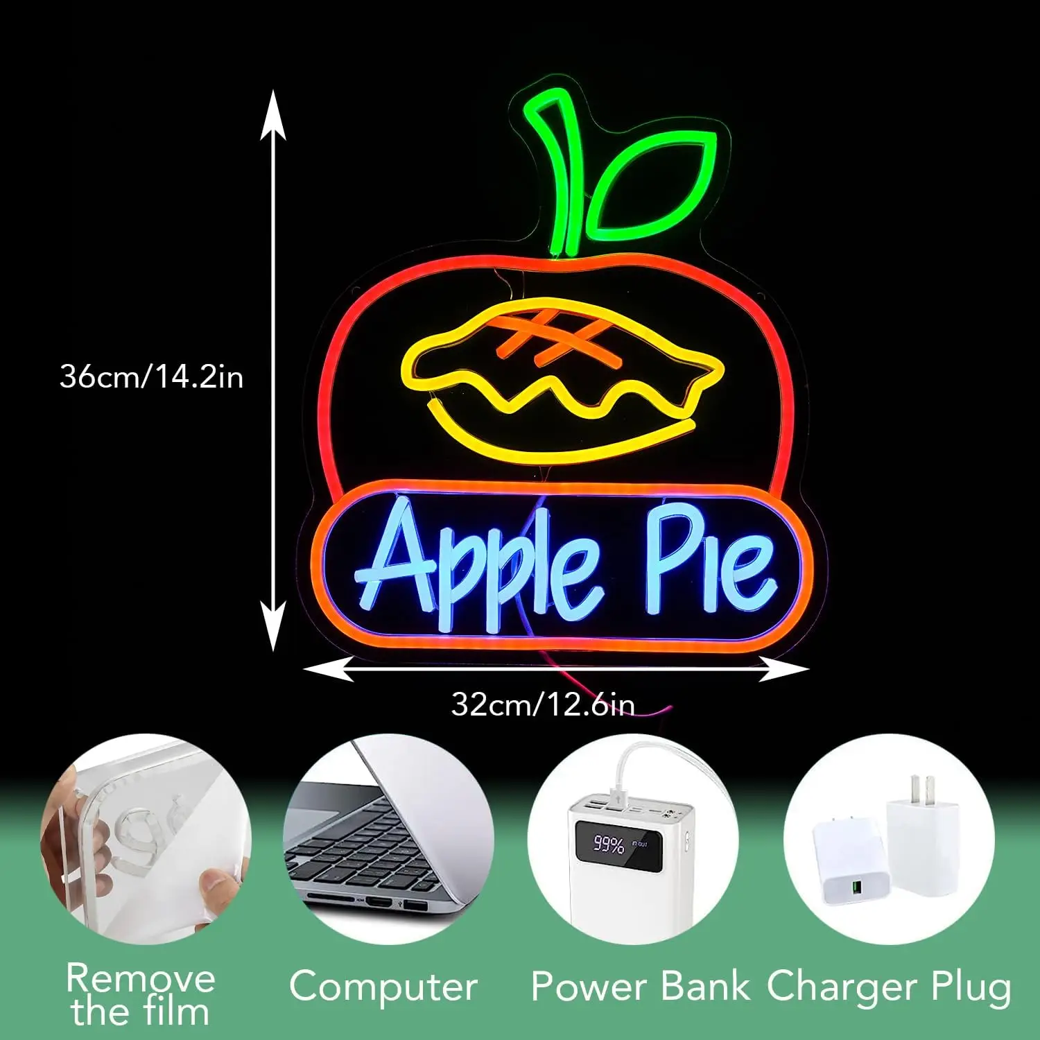Apple Pie Neon Sign USB Dimmable Dessert Neon Light for Cake Shop Dessert House Bakery Shop Coffee Shop Kitchen  Decorarion