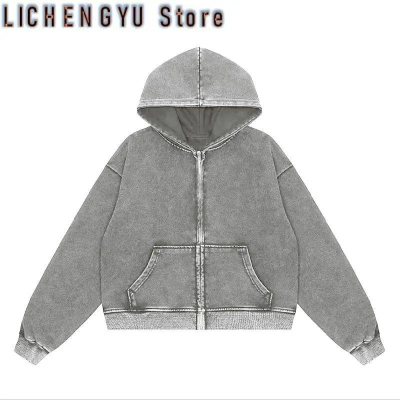

Retro Men Heavyweight 350gsm Zipper Hoodies Jacket Streetwear Unisex Loose Washed Cotton Hooded Sweaters Coat Hip Hop Outwears