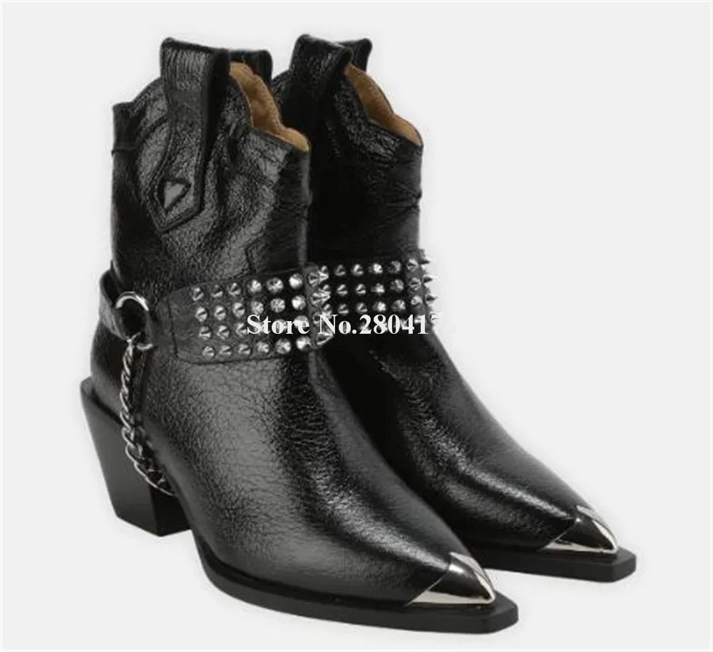 

Wetern Style Pointed Toe Black Leather Rivets Thick Heel Short Boots Slip-on Chains Low Heel Ankle Booties Causal Boots