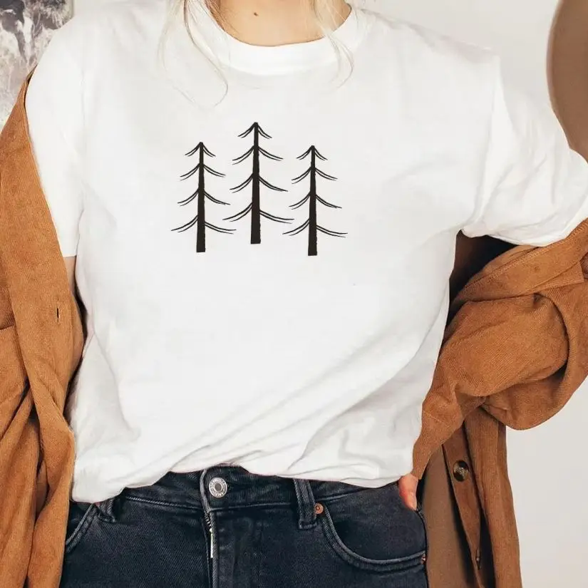 

Y2K Cotton Casual Women‘s T-Shirt Short Sleeve Round Neck Fitted Top with Cute Forest Tree Print Colorful & Trendy Unique Design