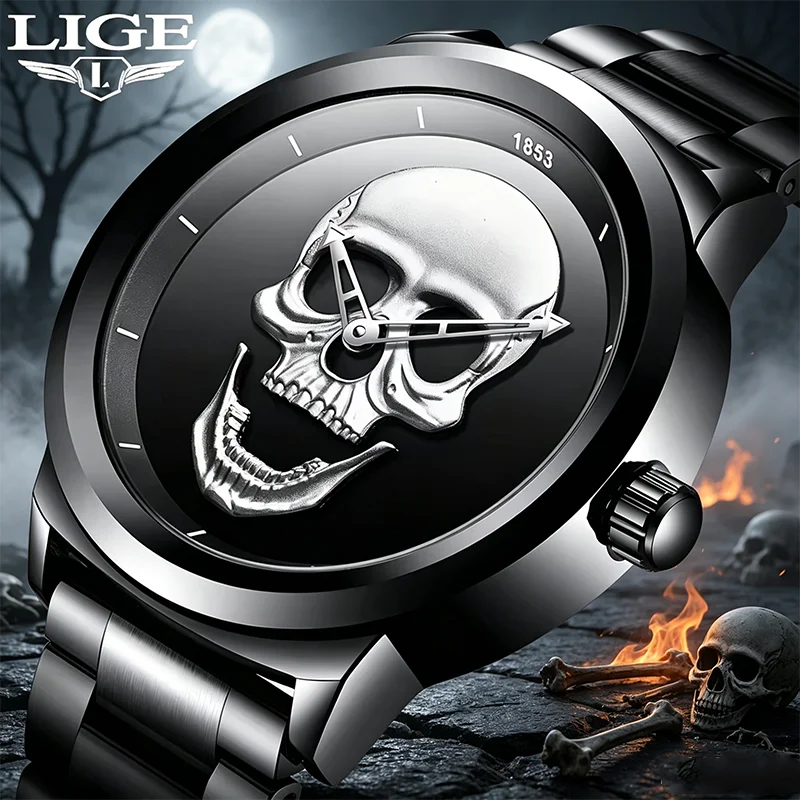 LIGE New Men Skull Dial Quartz Watch Personality Gothic Style Waterproof Stainless Steel Fashion Male Wristwatch Halloween Gifts