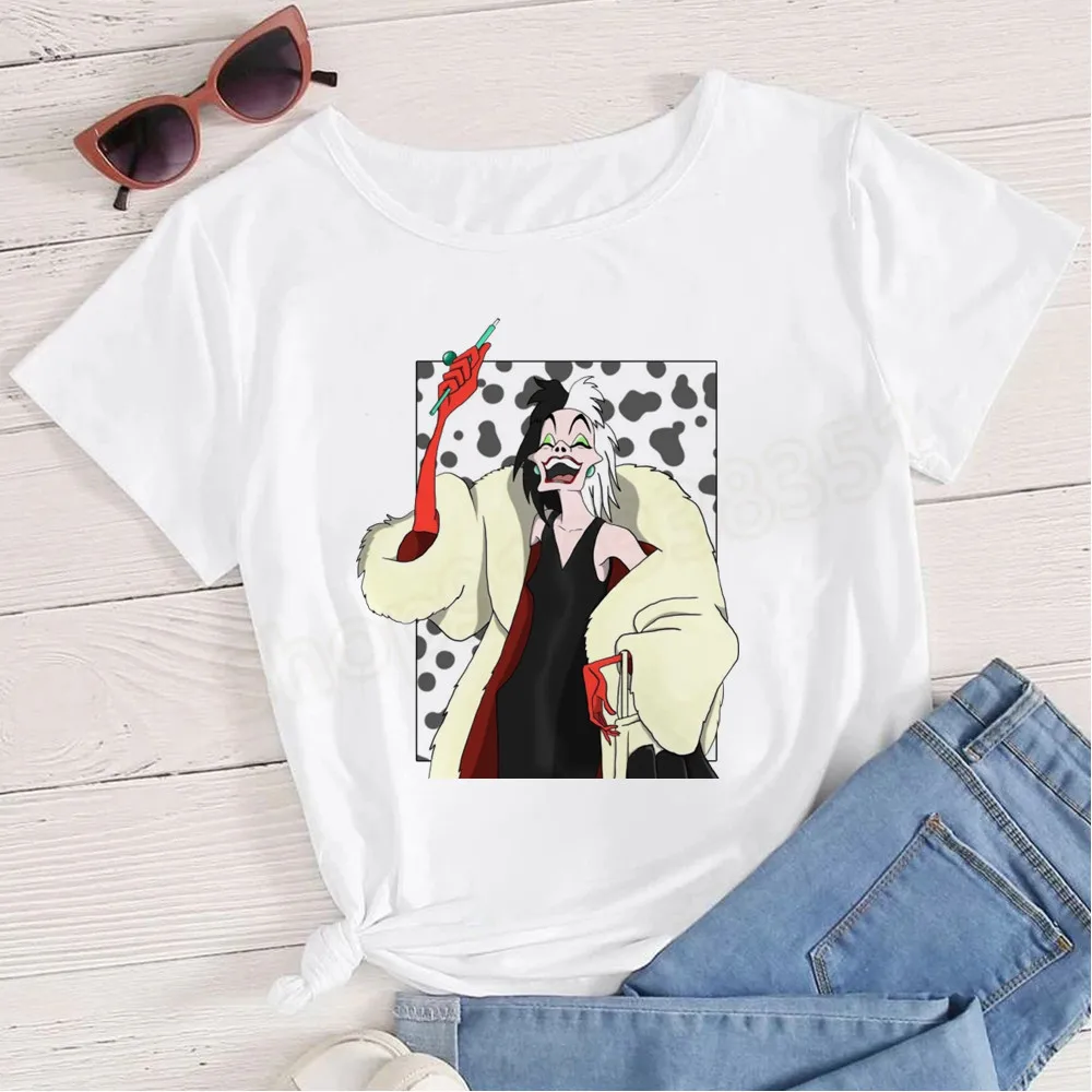 T-shirt girocollo moda donna Cruella De Vil 101 Dalmati maniche corte adatta per tutte le stagioni T-shirt grafiche Y2K Top