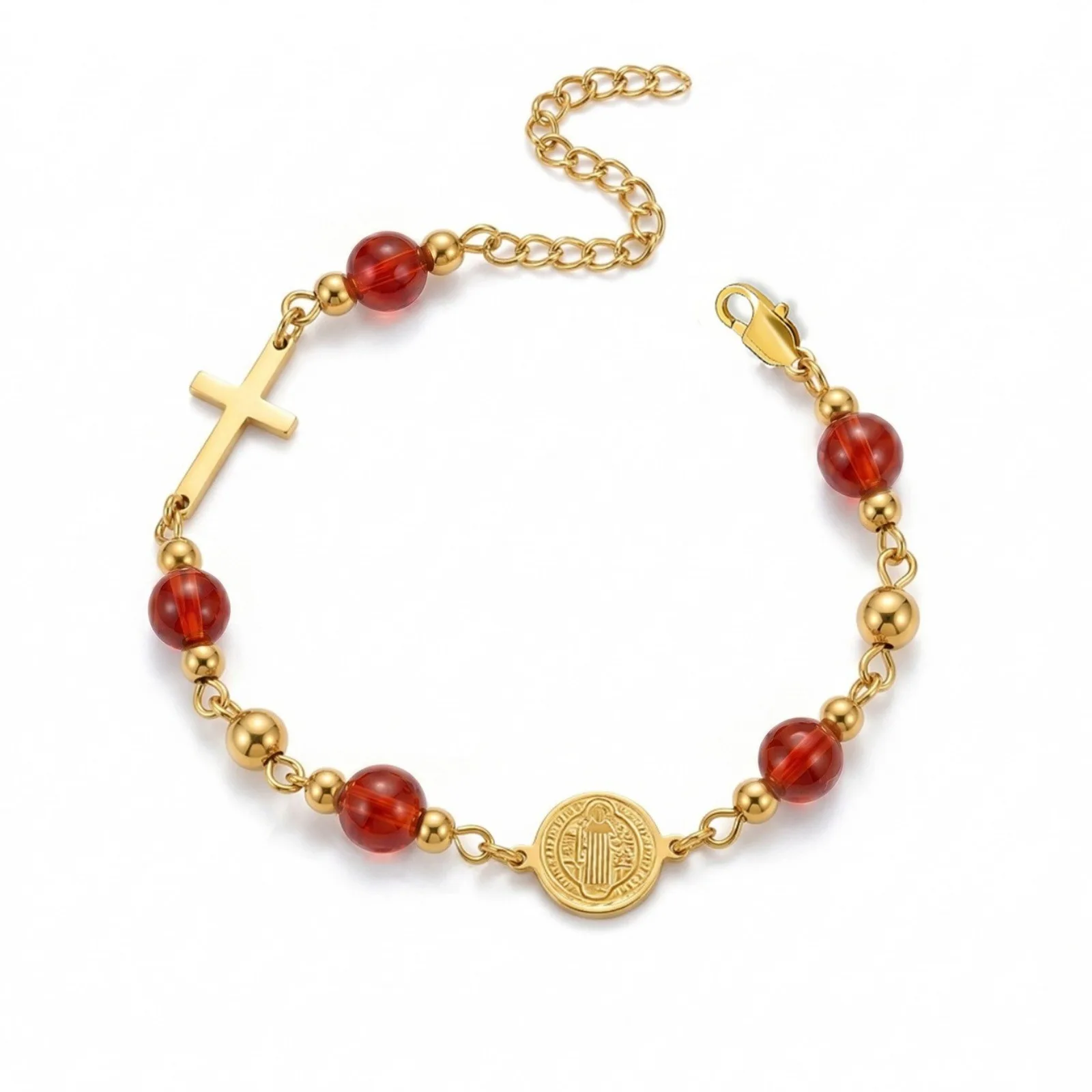 1 Stück religiöses mehrfarbiges Steinperlenarmband mit Kreuz-Jesus-Anhängern, 304 Edelstahl, 18K vergoldet, Geschenk für Frauen, Großhandel – Detail 3