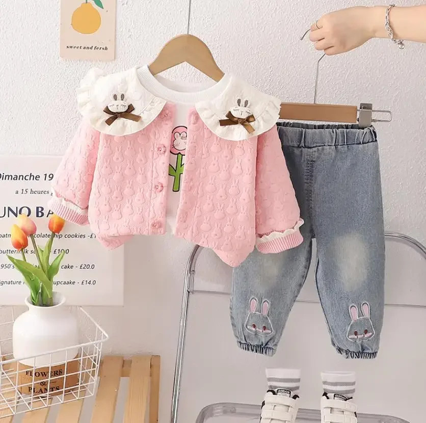 Toddler Boutique Girls Outfits Spring Autumn Kids Baby Clothes Cute Doll Collar Cardigan Coat+Shirt+Pants Toddler Baby Girl Sets