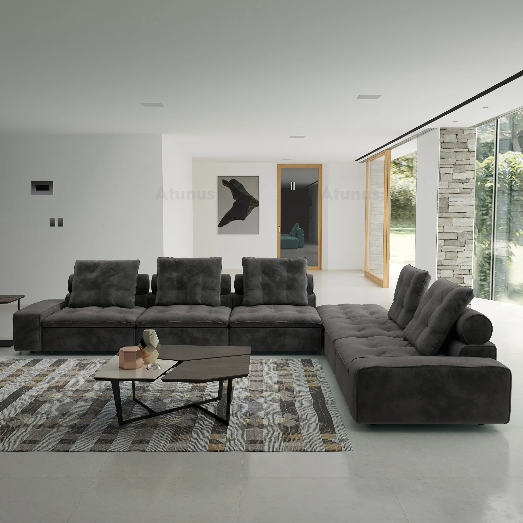 Modern Gray Scratch Resistant Pet-friendly Modular Sectional Sofa Set 7 Seater Family Living Room Couch