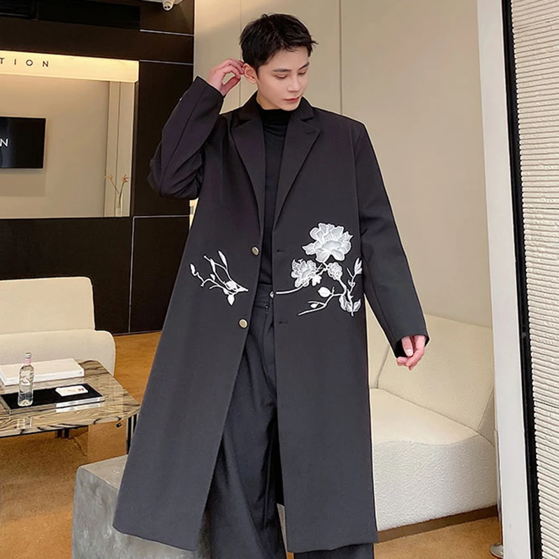 IEFB Men Overcoat Autumn Winter New Chinese Embroidery Long Coat Trend Knee High Trench Casual Male Printing Windbreaker 9C1927