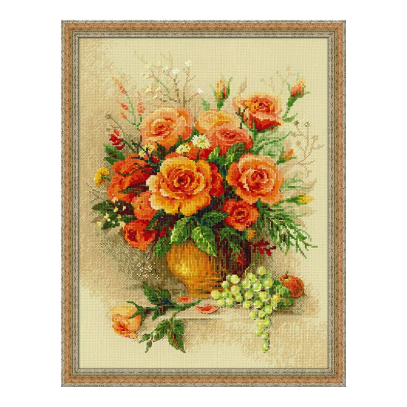 

Cross-stitch set, gold rose flower bedroom wall painting, home magic tool, stress-relieving handmade embroidery material pack