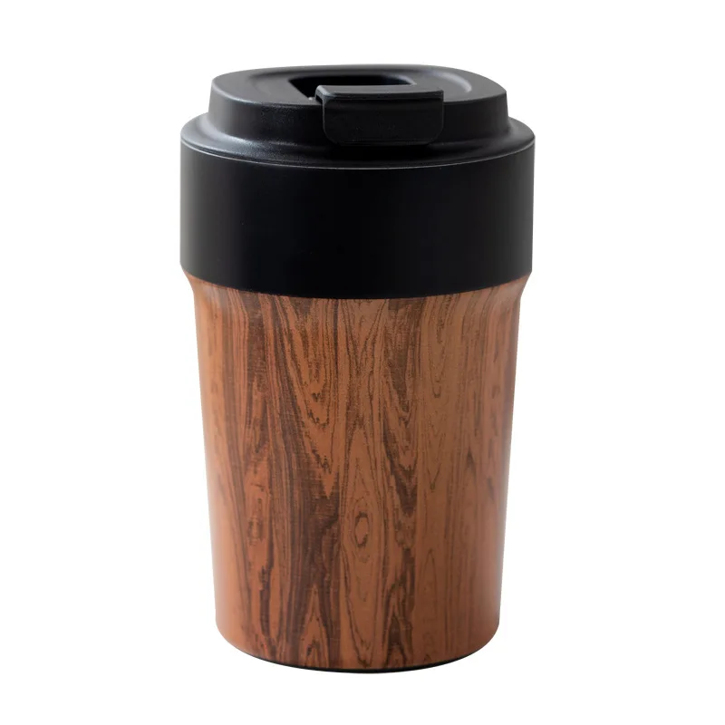 Portable Wood Grain Coffee Mug with Lids Vacuum Insulated Tumbler Thermos Cup for Keep Coffee Tea Hot Cold Inner Ceramic Coating