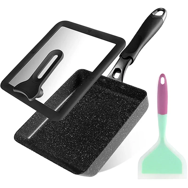 Japanese Omelette Pan , Non-stick Rectangle Egg Frying Pan - Optional Lid & Spatula - Aluminum Alloy