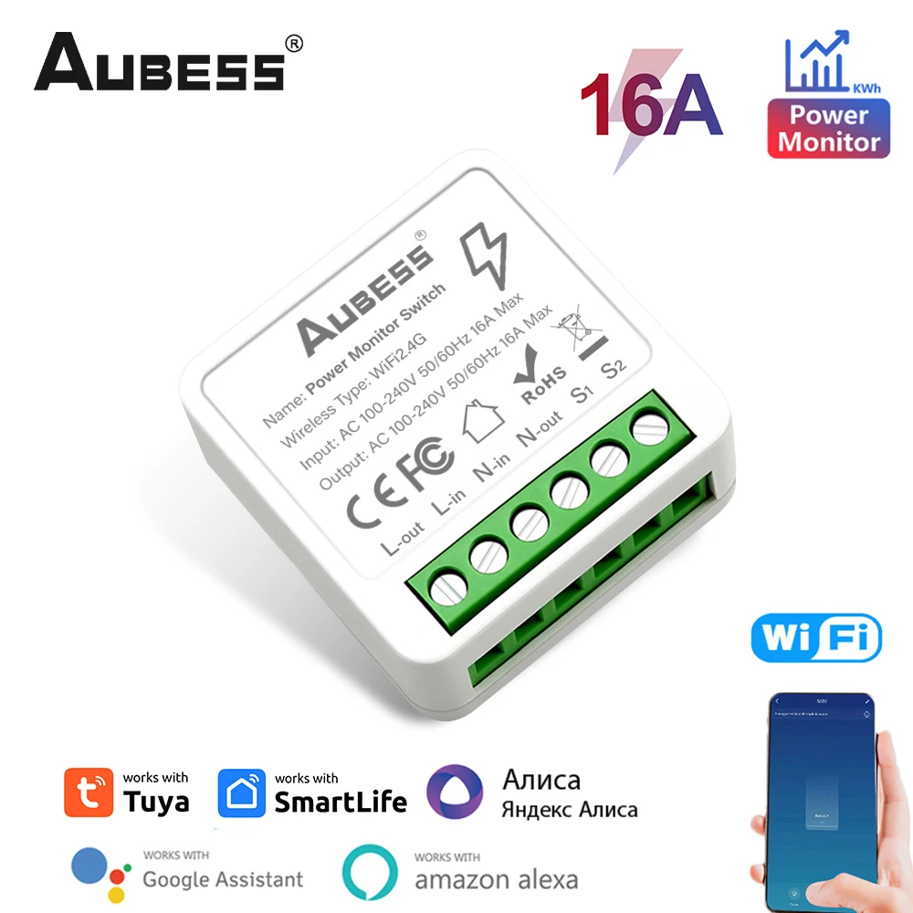 Tuya 16A Wifi Smart Life Mini Switch With Metering 1gang Two-way Control Smart Home Automation Via Yandex Alice Alexa Google