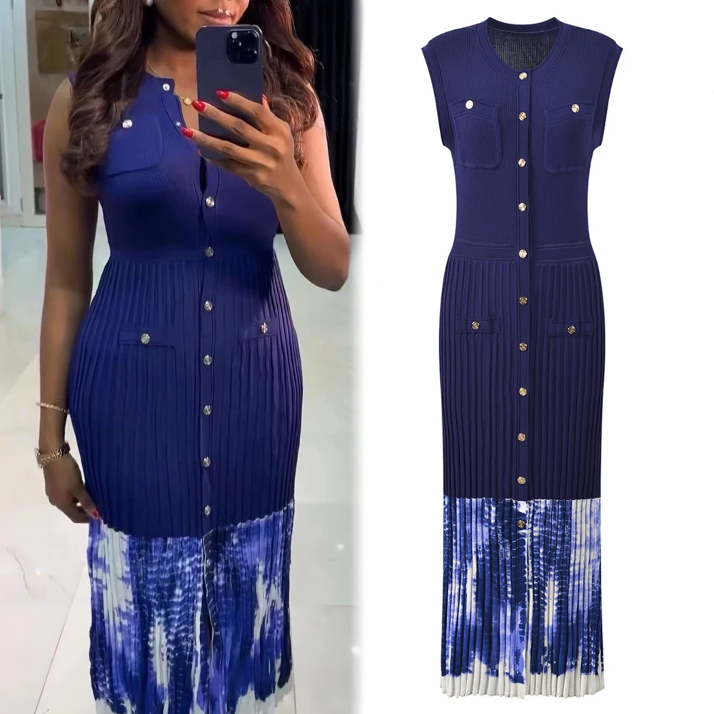 

YuooMuoo Brand Fashion One-piece Knitted Maxi Dress Women Elegant Gradient Tie Dye Patchwork Pleated Sweater Dress Party Vestido