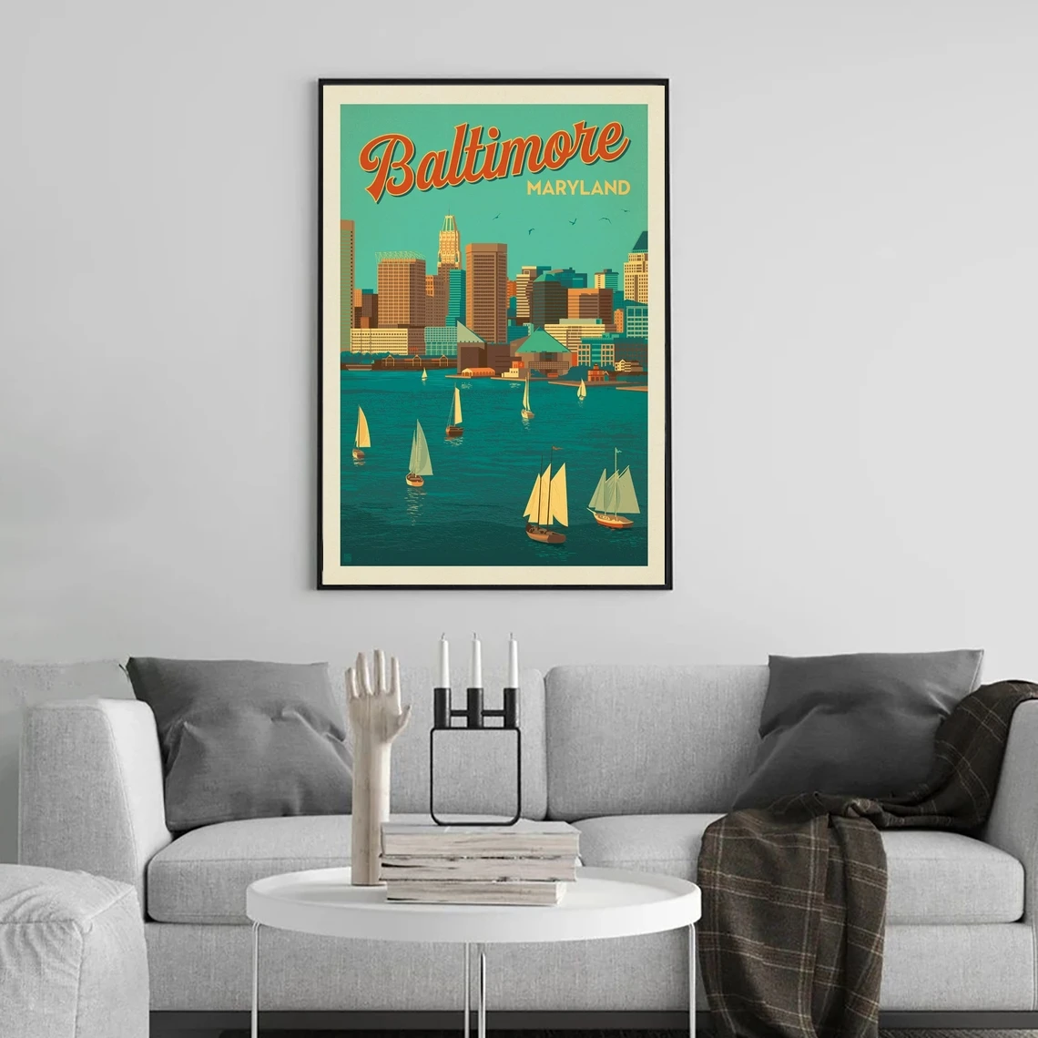 ملصق فني من بالتيمور ميريلاند، طباعة هاربور فيو عتيقة، ديكور جدار غرفة النوم فوق السرير، ملصق سفر ريترو مؤطر، أمريكا