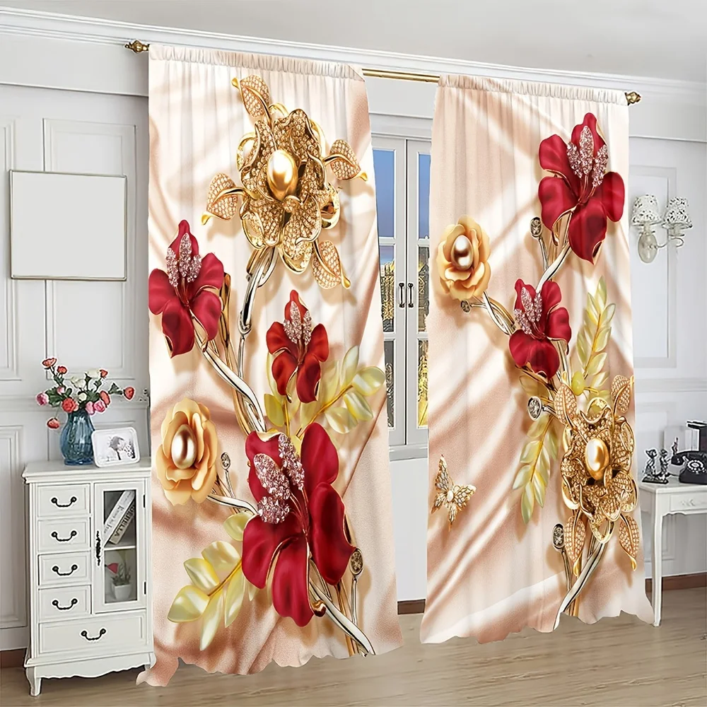 Luxury Pearl Gold Flower Diamond Rose Girl Window Curtains Blinds for Living Room Kids Bedroom Home Decor Door 2Pieces Office