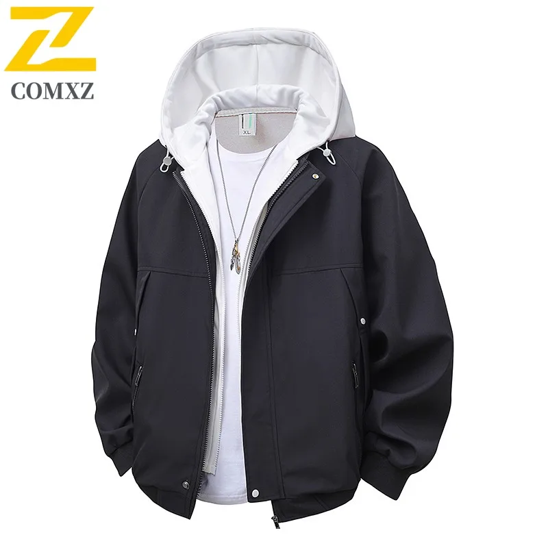 COMXZ 2025 Men Women Unisex Fake Two Piece Hooded Zipper Jacket Spring Autumn High Quality Chenille Loose Fit Coat