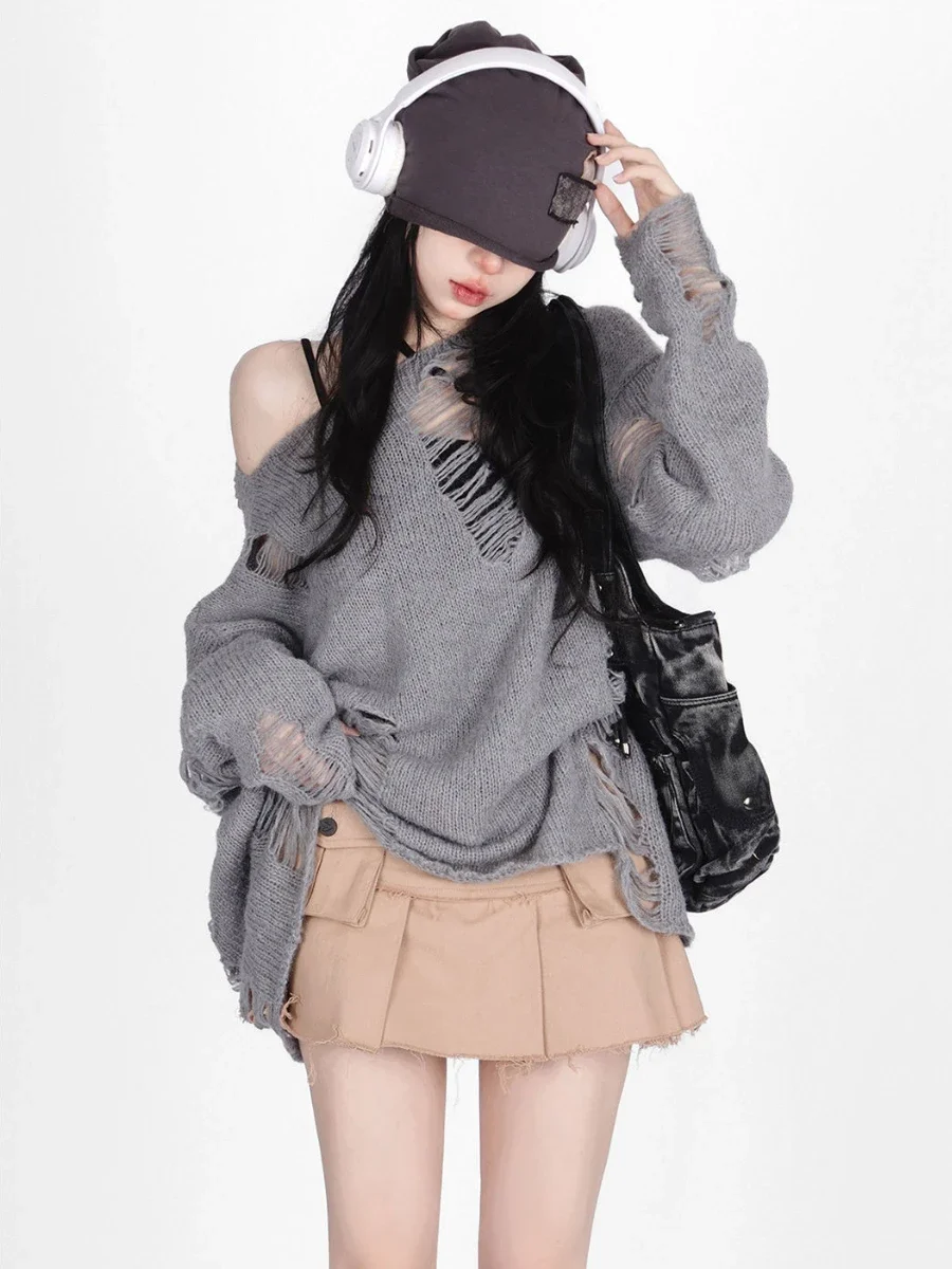 2023 Autumn New Fashion Ripped Pullovers Women Korean Baggy Chic Simple Knitted Sexy Smock Ulzzang Streetwear Vintage Sweaters