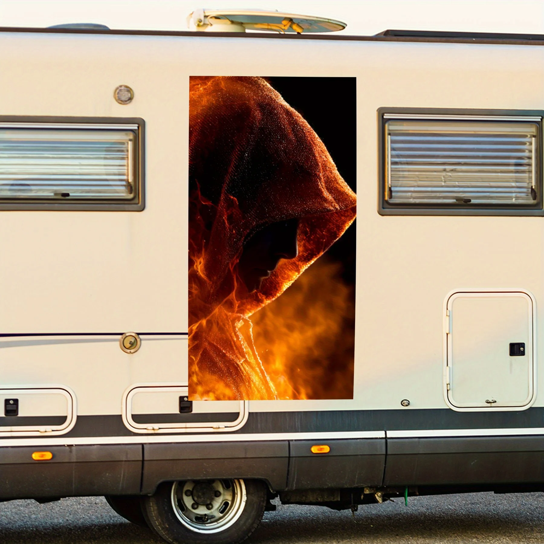 

Figure in Hoodie with Flame,Waterproof Vinyl Decal for RV Side, Self - Adhesive Stickers to Decorate & Protect RV Body, Perfect
