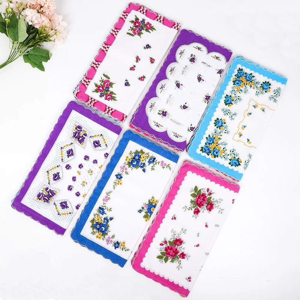 Wide Edge Colored Tooth Edge Printed Women's Handkerchief Cotton Old-fashioned Pure Hand Towel Wipe Sweat 29*29cm