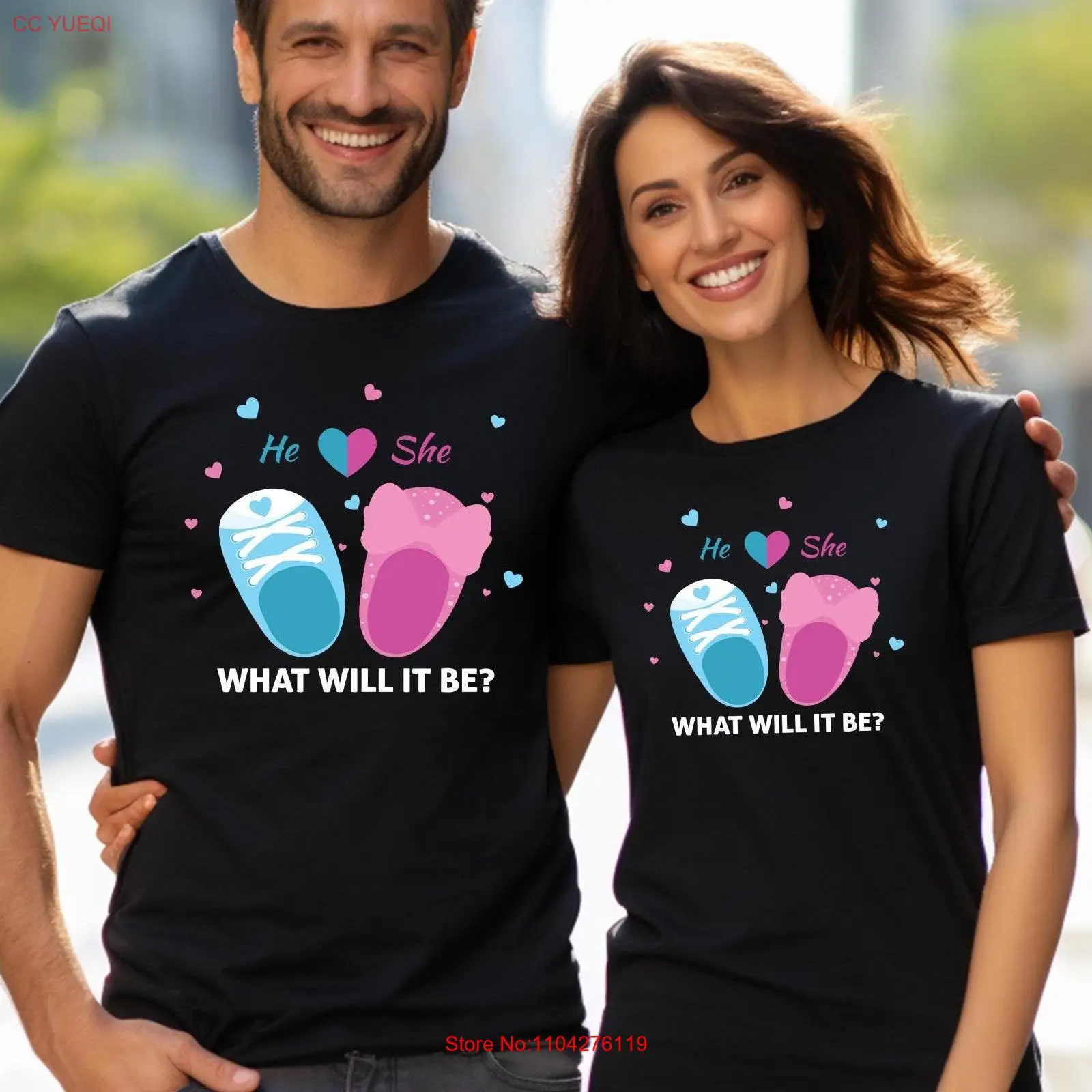 He or She T Shirt What Will It Be Gender Revel Party Baby Shower Pink Blue Family Reveal Group long or short sleeves