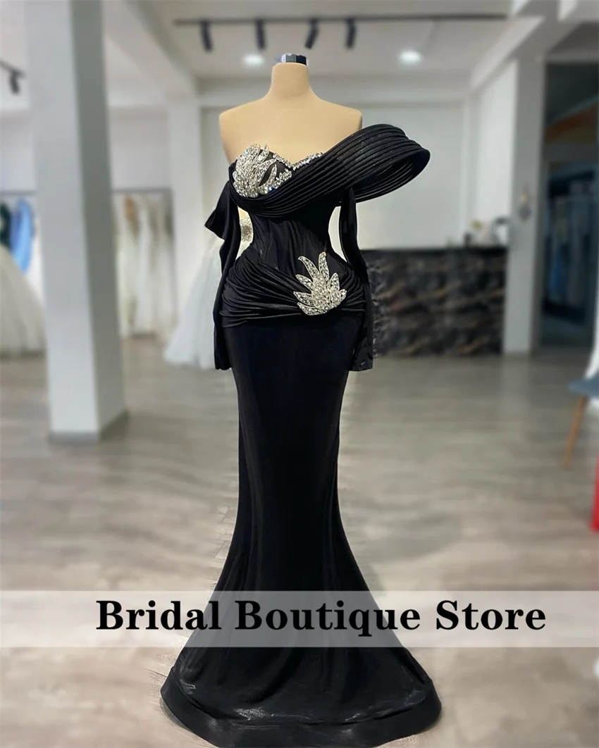 

Black Beading Evening Dress Off Shoulder Long Sleeves Crystals Diamonds Formal Prom Party Wedding Party Gowns Customized