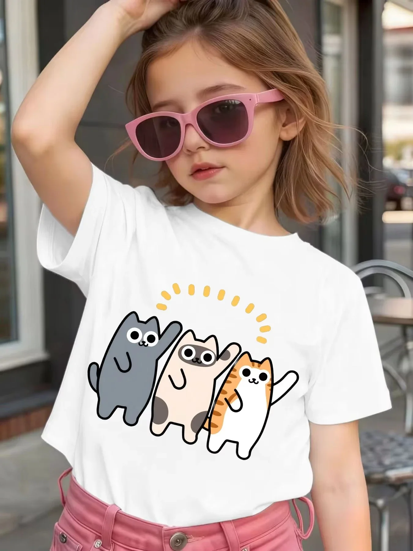 Kids O Neck Short Sleeve Tee Lovely Cartoon Kittens Wave Hand Print Casual Daily Summer Outfit For Boys Girls