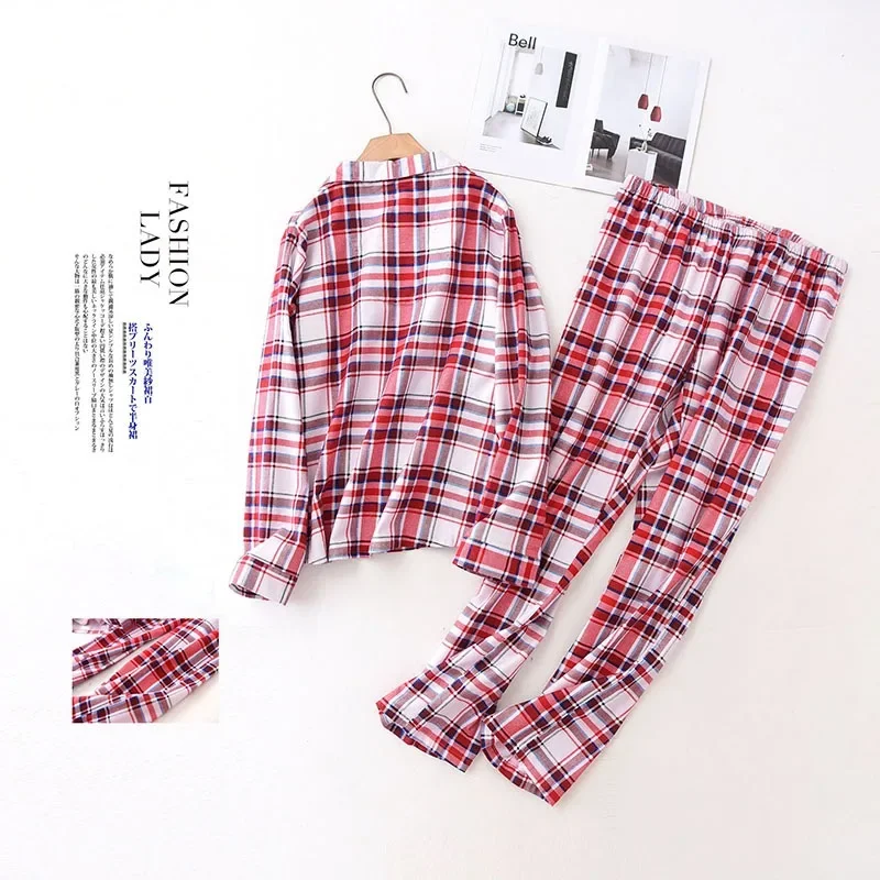 New Ladies Red Plaid Brushed Fabric Pajamas Long Sleeves Trousers Home Clothes Plus Size Loungewear Women Classic 2 Piece Sets