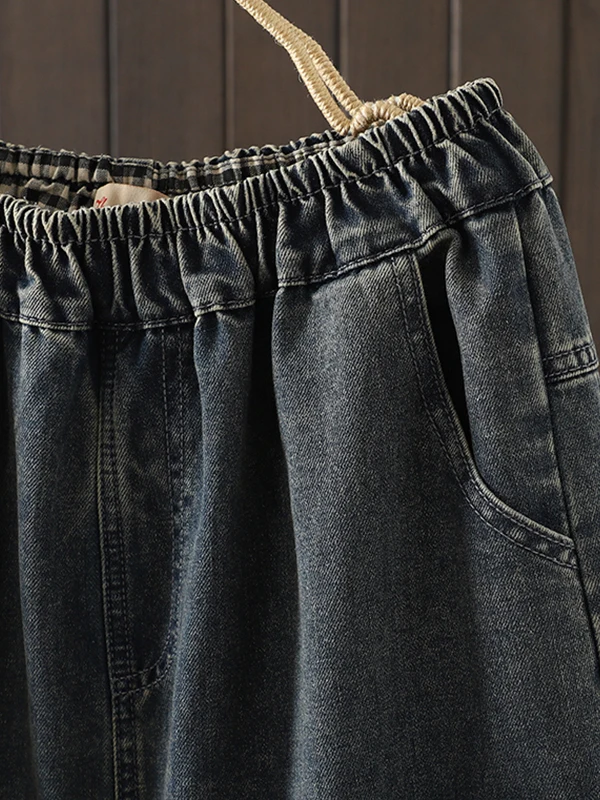 

Джинсы в стиле пэчворк с вышивкой в стиле ретро, с эластичной резинкой на талии, свободные женские джинсы больших размеров из смеси хлопка и полиэстера, повседневные брюки