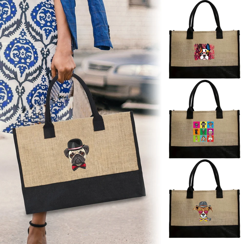 

Vintage Reusable Eco Jute Shoulder Shopping Bag Shopping Bag Tote Bags Portable Cute Dog Series Travel Grocery Organizer