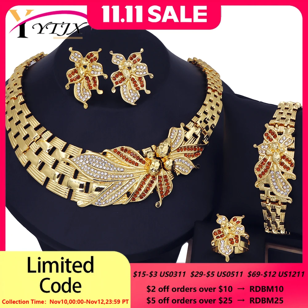 

YTJX комплект свадебных украшений, африканское колье с большим цветком, ожерелье, изысканный браслет с цирконием, серьги для пирсинга, кольцо, 18-каратное позолоченное ювелирное изделие