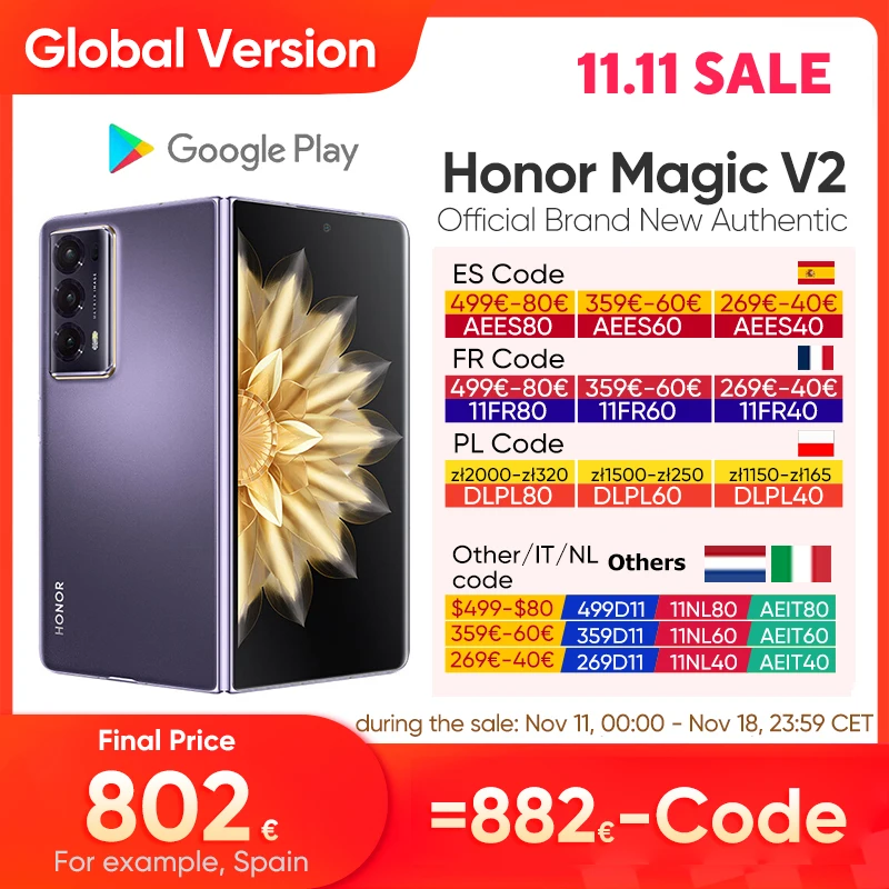 Honor Magic V2 5G Foldable Smartphone Global Version LTPO OLED Display 120Hz Snapdragon 8 Gen2 50MP Triple Camera Android Mobile