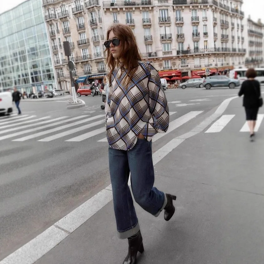 Women's Street Style Breathable Top Autumn Fashion Versatile Casual Plaid Turtleneck Shirt Elegant Long-Sleeve Blouse