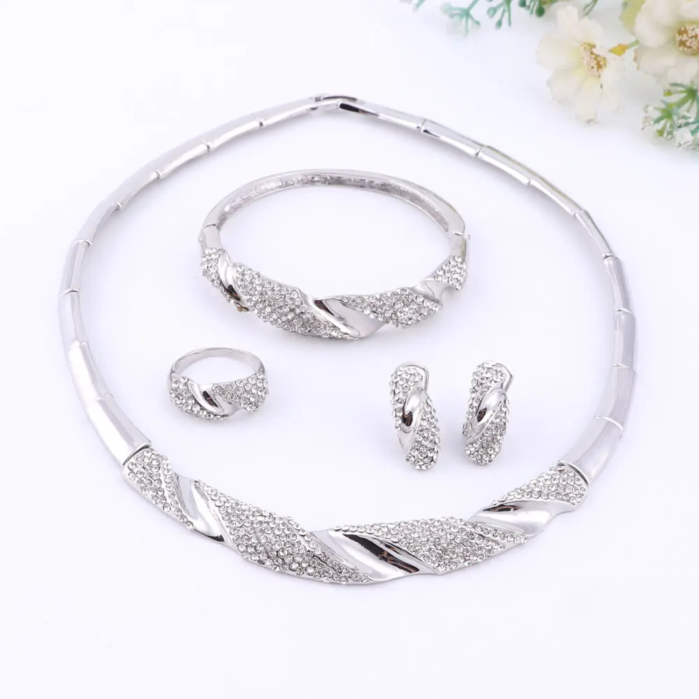 Trendy Necklace Earrings Bracelet Ring  Gold Color Jewelry Sets For Women Crystal Bridal Wedding Accessories