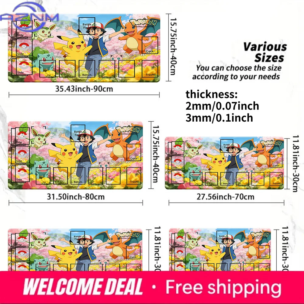Pokemon Ash Pikachu Charizard Cherry Blossom TCG Playmat, Anime Trading Card Game Mat with Zones, 2mm/3mm Thick Non-Slip Mouse P