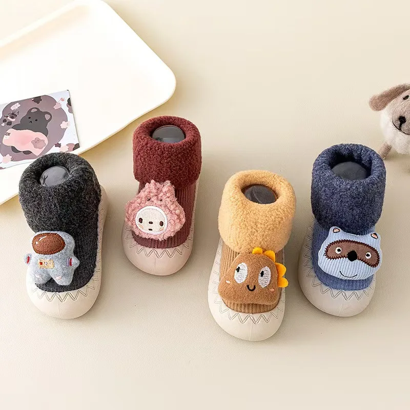 

Newborn Spring Autumn Toddler Shoes Children Cartoon Style Fleece Thickened Interior Baby Soft Soled Indoor Socks Shoes Kids