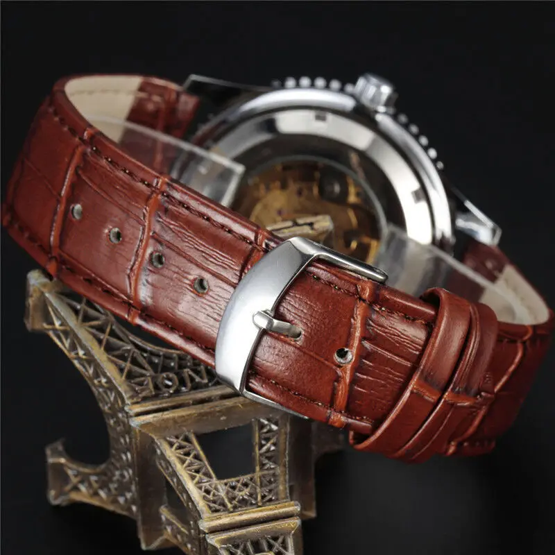 Sewor Skeleton Mechanical Automatic Self Wind Mens Fashion Gents Silver Case Watch Brown Leather Strap Analog Watch New Arrival