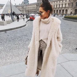 Solid Color Winter Long Warm Teddy Faux Fur Coat For Women Plush Loose Vintage Lamb Wool Jacket Turn-dowm Collar Casual Coats