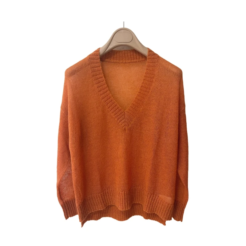 24 Women's Sweater Vintage Winter Clothing Warm Knitwear Thick Pullovers Orange V-neck Mohair Hollow Pullover  sueter feminino