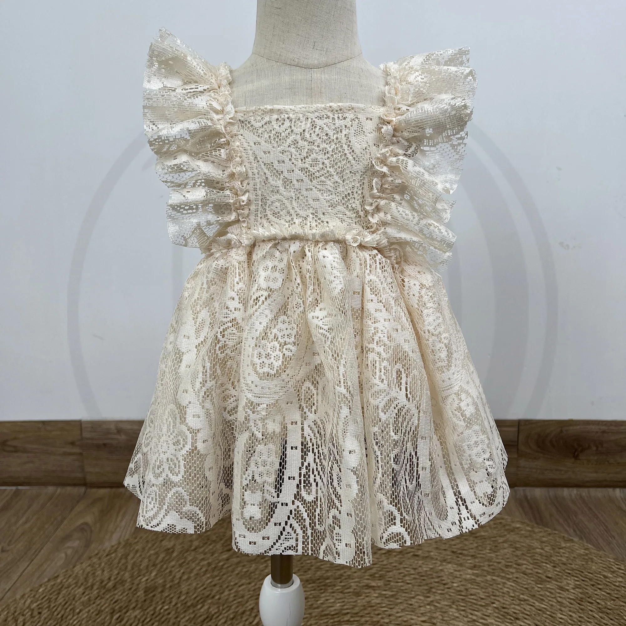 Don&Judy Lace Fringe Toddler Dress Square Neck Ruffle Sleeve A-Line Skirt Cotton Blend Summer Outfit for Girls Photo Shoot
