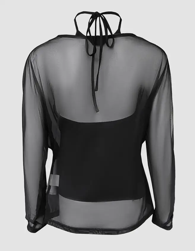 

Women's Fashion Sexy T-Shirt Rhinestone Decor Halter Tie Cowl Neck Long Sleeve Tee Female Casual Sheer Mesh Spliced Backless Top