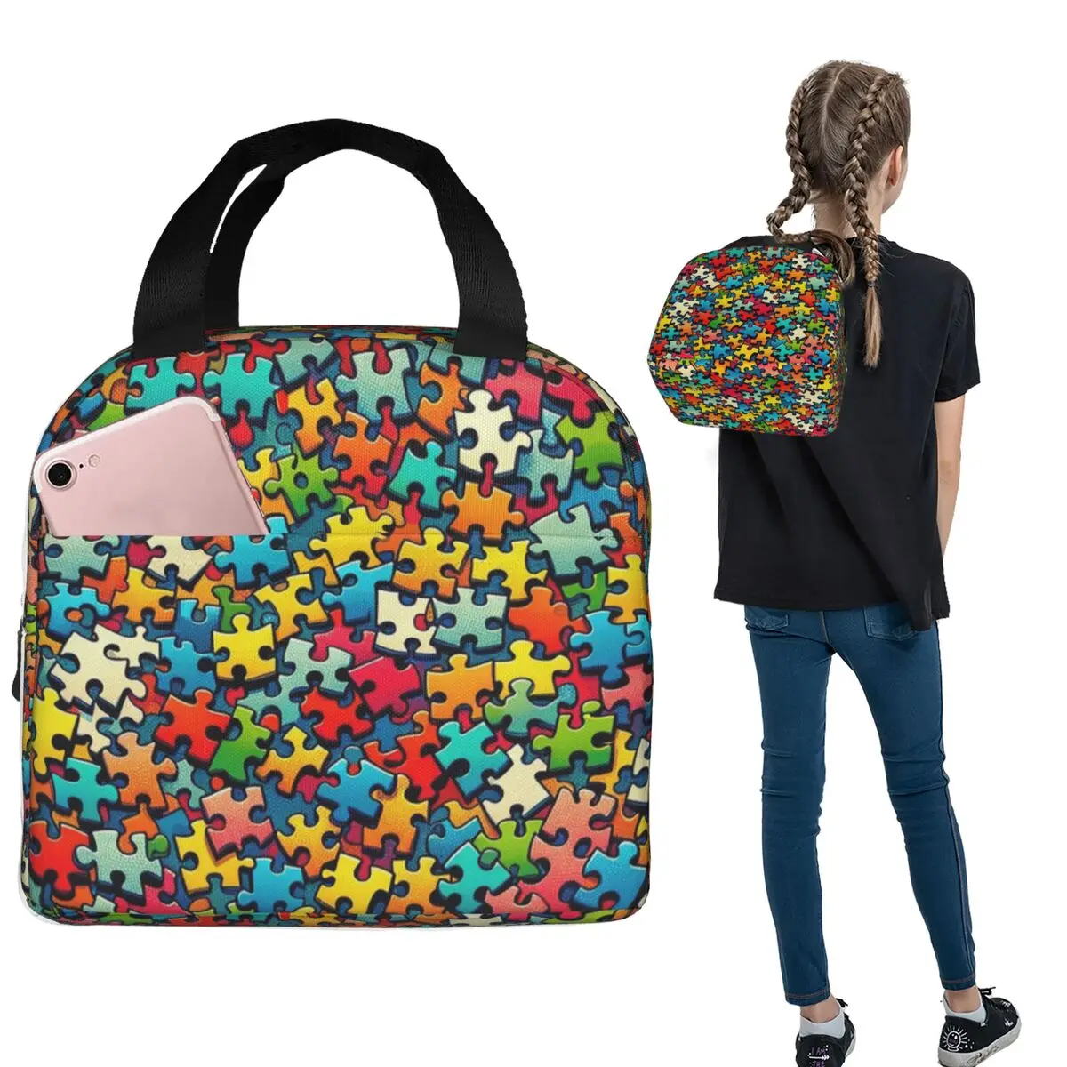 Autism Awareness Colorful Puzzle Piece Print Insulated Lunch Bag for Women Kids Portable Food Boxes Thermal Lunch Box Tote