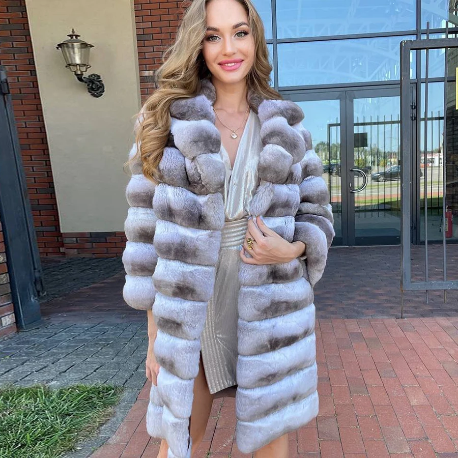 Genuine Rex Rabbit Fur Jackets Chinchilla Rex Rabbit Fur Coats Luxury Fashion Womens Rabbit Coat