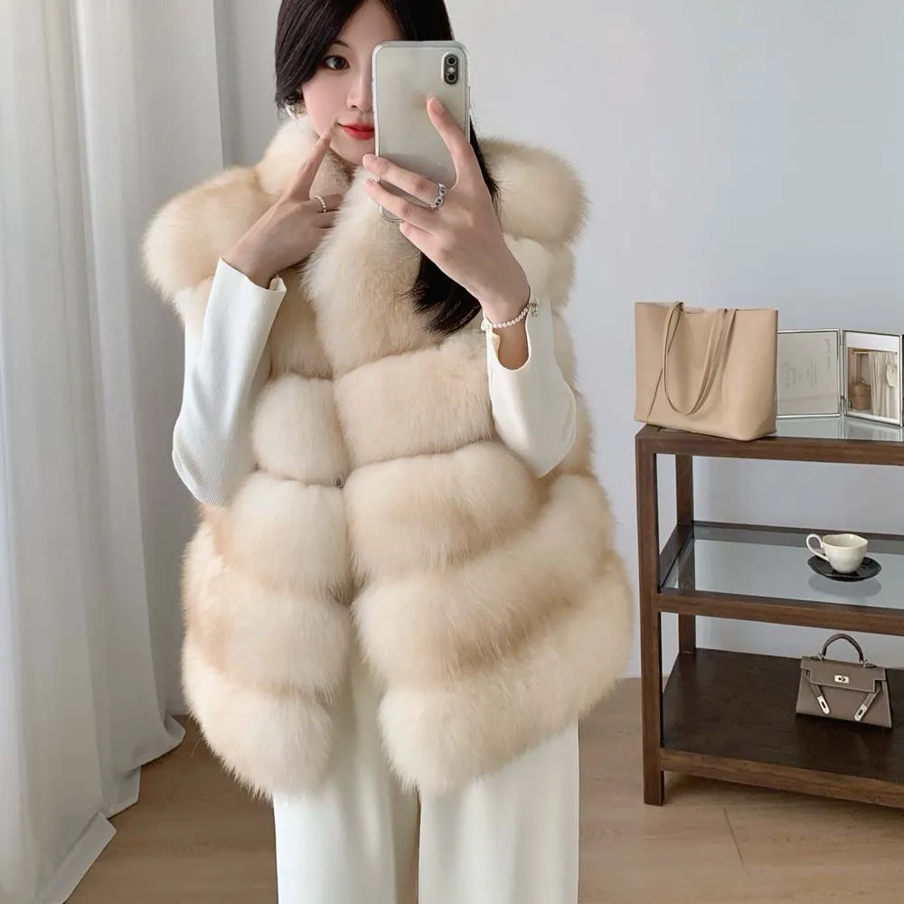 سترة من فرو الثعلب الحقيقي الطبيعي بدون أكمام للشتاء الدافئ سترة من الفرو الطبيعي معاطف من فراء الثعلب