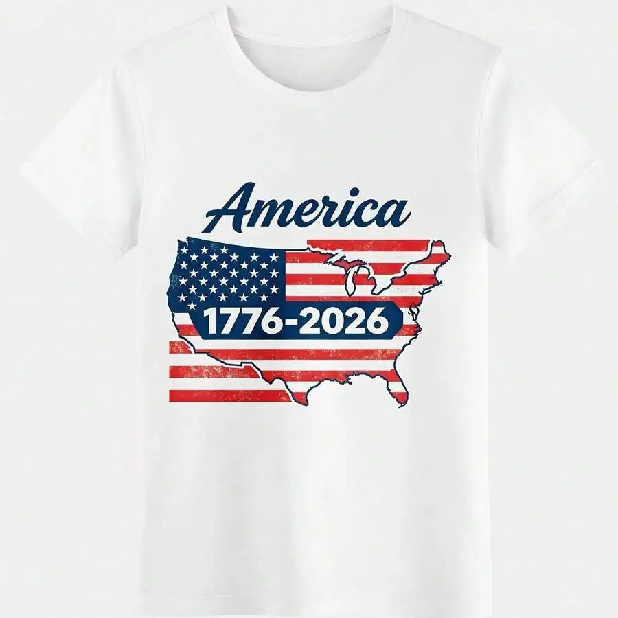 America 1776‑2026 USA Map Flag 250th Anniversary Graphic Unisex Casual T‑Shirt Crew Neck Tee Perfect For Patriotic Events Holiday Party Daily Tops