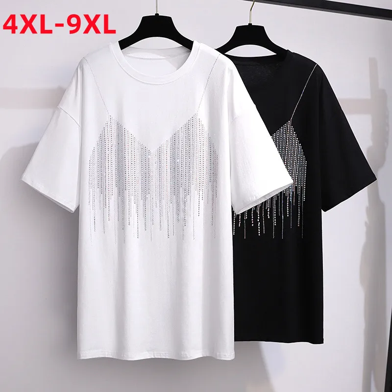 New 2022 Summer Plus Size Tops For Women Large Size Short Sleeve Cotton Black White Diamonds T-shirt 4XL 5XL 6XL 7XL 8XL 9XL