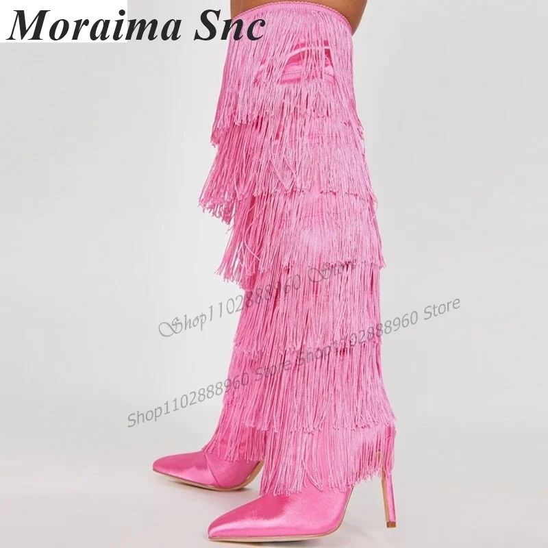 Sexy Pink Satin Knee High Fringe Decor Boots Stilettos High Heel Shoes For Women Slip-On Pointed Toe 2023 Zapatos Para Mujere