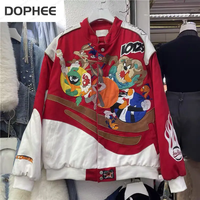 

2024 New Autumn Winter Clothes Trendy Thick Coat Couple Outfit Hip Hop Biker Baseball Jacket Cartoon Embroidery Streetwear Coats