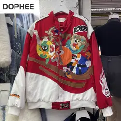 2024 New Autumn Winter Clothes Trendy Thick Coat Couple Outfit Hip Hop Biker Baseball Jacket Cartoon Embroidery Streetwear Coats