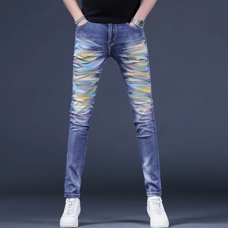 Multicolour Printed Blue Men\'s Jeans Casual Slim Fit Pencil Pants Korean Style Denim Trousers CP2228