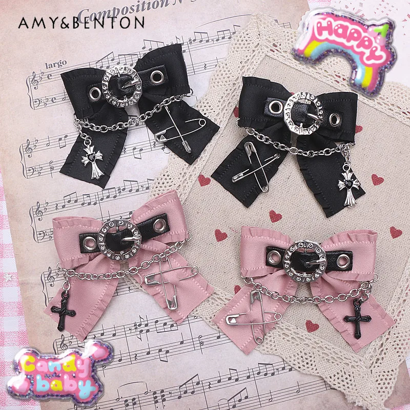 

Beads Handmade Barrettes Y2k Asian Culture Sweet Leather Ring Chain Pin Cross Barrettes Side Clip Sweet Pink Bow Hairclips Women