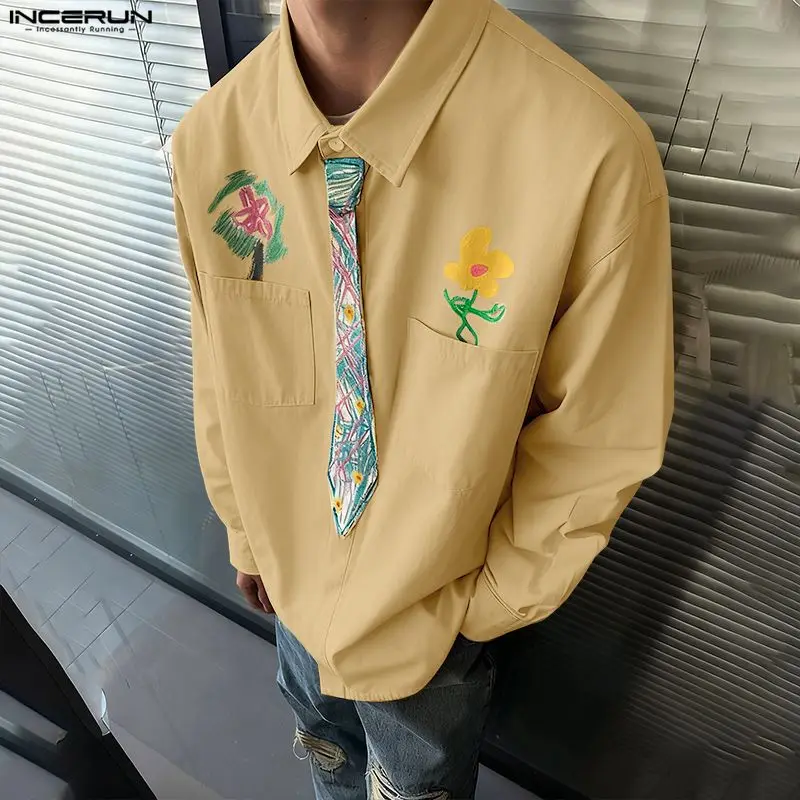 

INCERUN Мужская рубашка с принтом на лацкане и длинными рукавами на пуговицах, повседневная мужская одежда, уличная одежда, свободные карманы, модные топы, мужские рубашки 2026