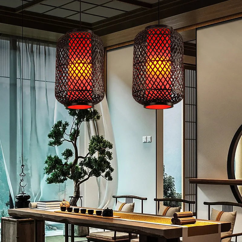 Japanese bamboo weaving Pendant Lamp lantern Zen spirit Minimalist Bar bedroom living room restaurant Ceiling Hanging Chandelier